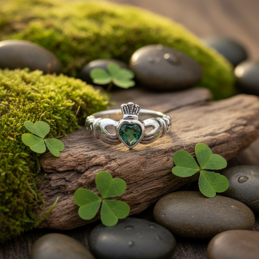 Silver ring with green gemstone on a wooden log surrounded by moss and clover leaves.