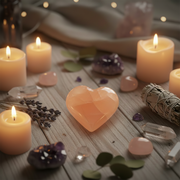 A heart-shaped orange selenite sits on a rustic wooden table surrounded by burning candles, crystals, dried lavender, eucalyptus leaves, and a white sage bundle.