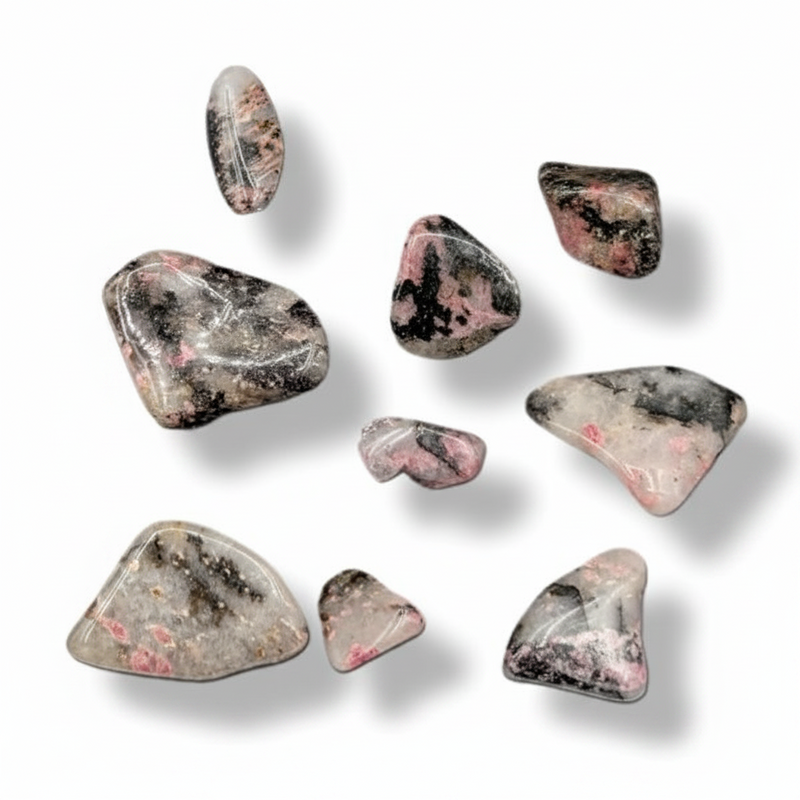 Rhodonite tumbled on a white background