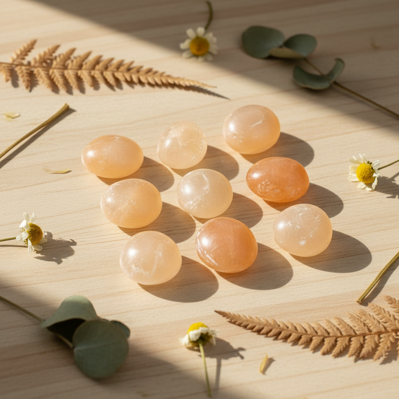 Orange spherical stones on a table in the sunshine with herbs and daisies around the stones.