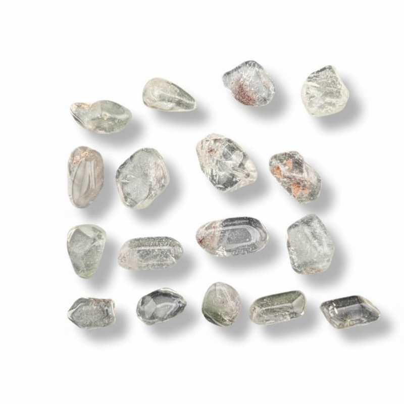 A set of small, irregular clear gemstones with natural inclusions and subtle gray, green, and brown tones, arranged on a plain white background with soft drop shadows.