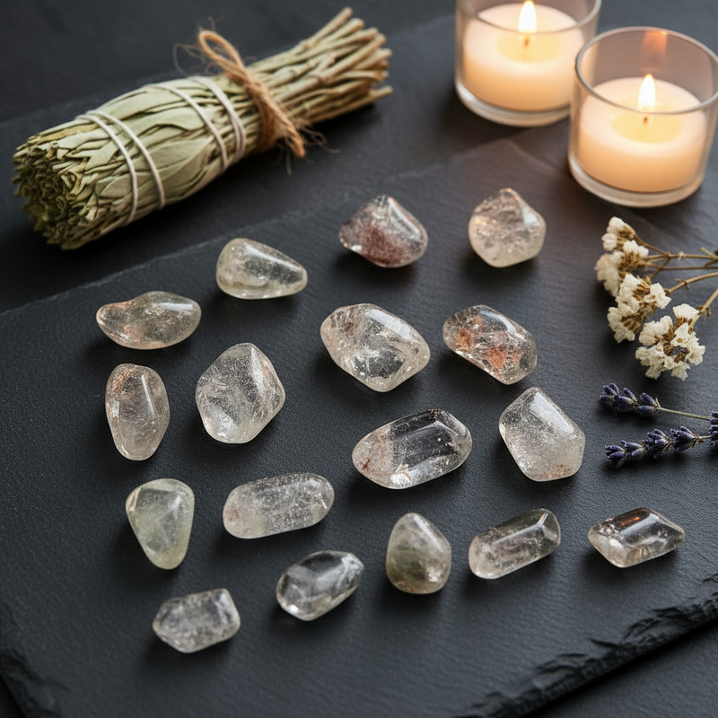 A set of clear tumbled crystals arranged on a dark slate tray, styled with a sage bundle, dried flowers, and two lit candles.