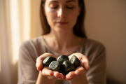 Woman holding green stones in her hands with a blurred background