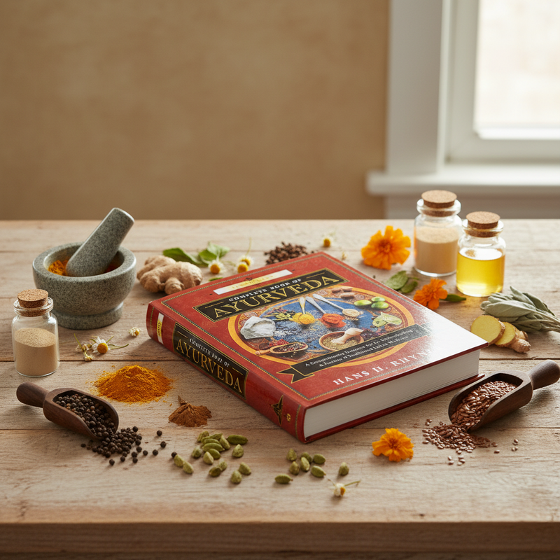 A book titled 'The Ayurveda' lies open on a wooden table surrounded by herbs, spices, small glass bottles, a mortar and pestle, and flowers in a warm indoor setting.