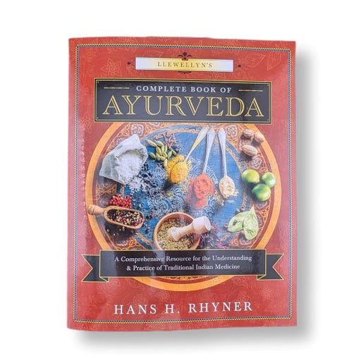 Ayurveda: Complete Book of Ayurveda by Hans H. Rhyner, featuring a red cover with a central circular illustration of traditional Indian medicine ingredients and utensils.