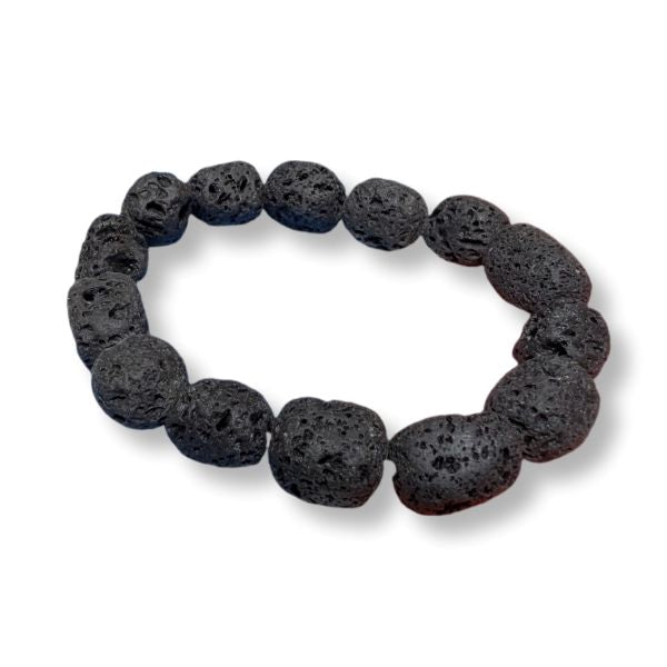 A beaded stretch bracelet made of dark, porous volcanic lava stones, displayed on a clean white background.