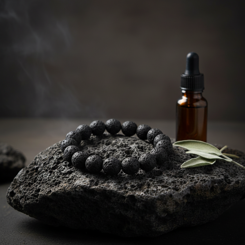 A black lava stone bead bracelet arranged in a circle on a dark volcanic rock, with an amber dropper bottle and green leaves in the background against a dark smoky backdrop.