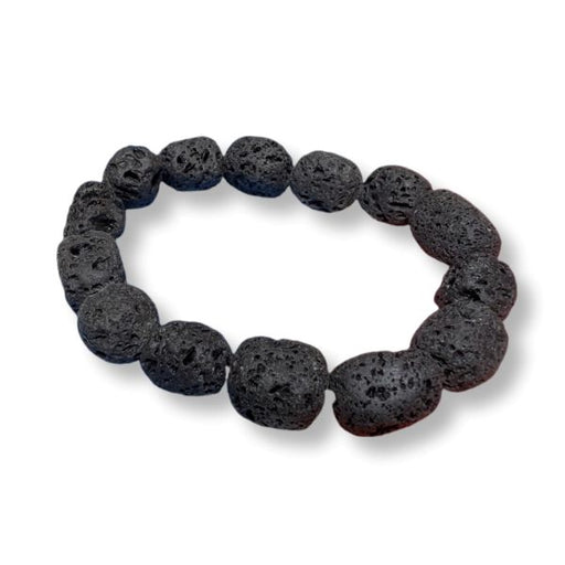 A beaded stretch bracelet made of dark, porous volcanic lava stones, displayed on a clean white background.