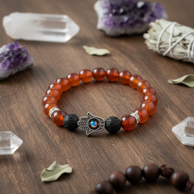 Carnelian bracelet with black lava beads and silver charm on a wooden surface with crystals and leaves.