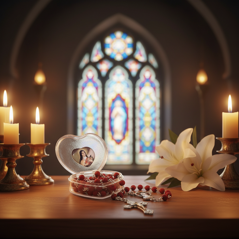 Heart-shaped box, rosary, and white flowers on a table with stained glass window in the background