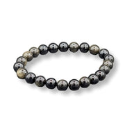 Black beaded bracelet with embedded stones on a white background