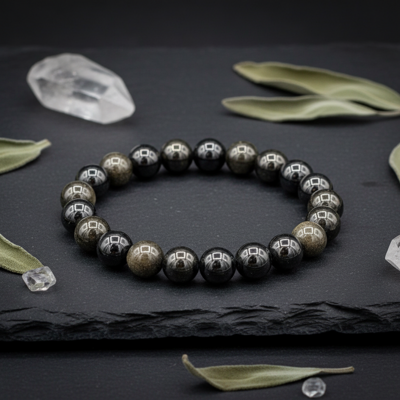Black beaded bracelet on a dark surface with leaves and crystals