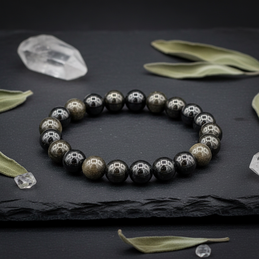 Black beaded bracelet on a dark surface with leaves and crystals