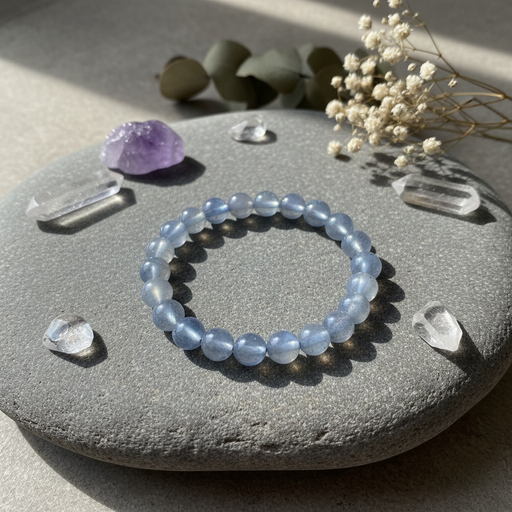 A light blue beaded gemstone bracelet arranged in a circle on a smooth gray stone, surrounded by clear crystal points, a purple crystal, and dried white flowers in soft natural sunlight.