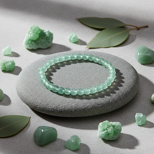Green beaded bracelet on a stone with green stones and leaves around