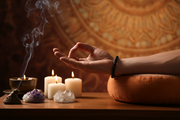 Person meditating with candles, crystals, and a smoking bowl on a wooden table.