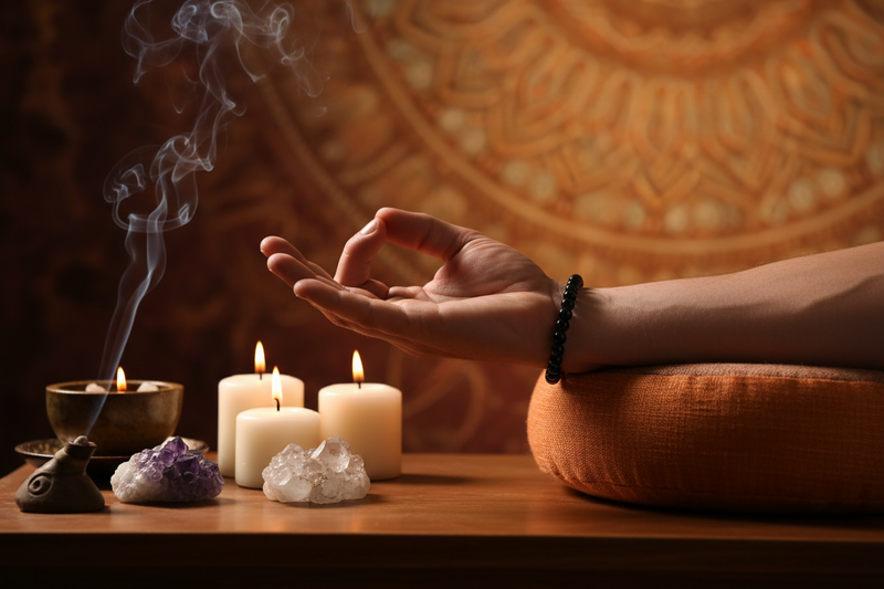 Person meditating with candles, crystals, and a smoking bowl on a wooden table.