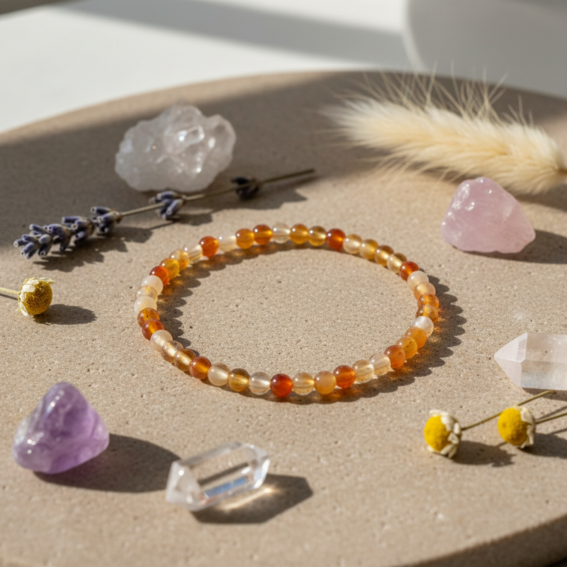 Beaded bracelet on a sandy surface with crystals and flowers