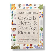 Book titled 'The Encyclopedia of Crystals, Herbs, & New Age Elements' with colorful illustrations on a white background.