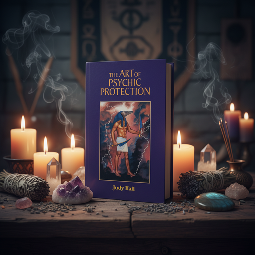 Book titled 'The Art of Psychic Protection' by Judy Hall on a mystical background with candles and crystals.