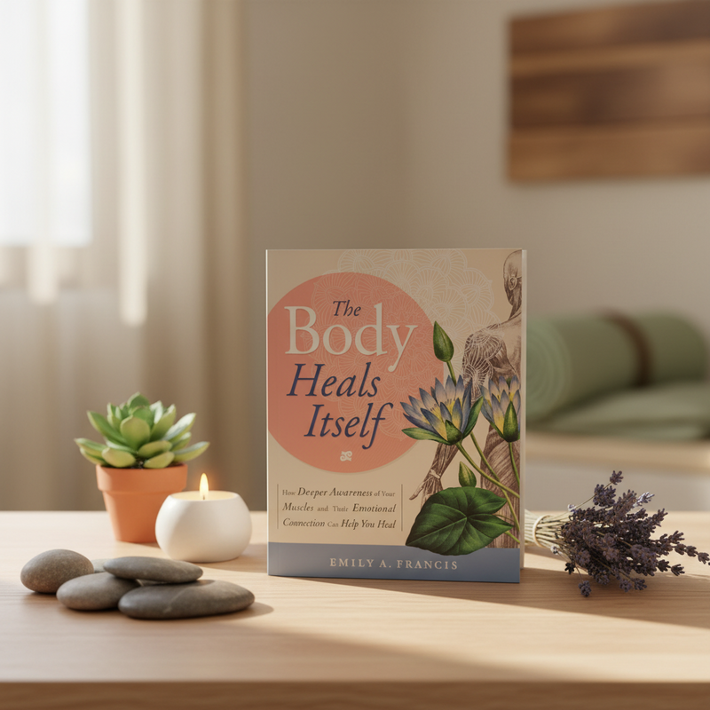 Book titled 'The Body Heals Itself' on a table with decorative items in a calm setting