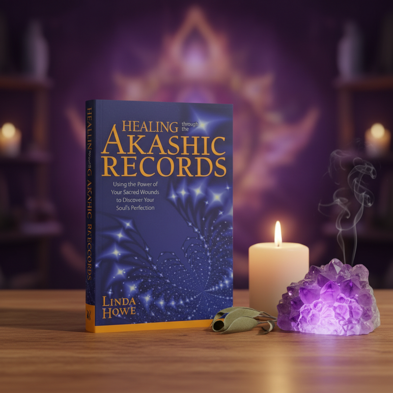Book titled 'Healing through the Akashic Records' by Linda Howe on a table with candles and an amethyst crystal.
