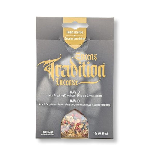 A package of David Tradition Incense resin incense, featuring a gray and gold box with a clear window showing the colorful incense granules inside.