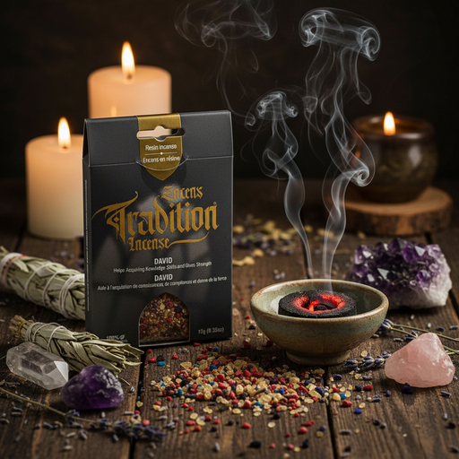 A package of David's Tradition Incense is displayed on a rustic wooden table surrounded by lit candles, a bowl with glowing embers and rising smoke, crystals, and a white sage smudge bundle.