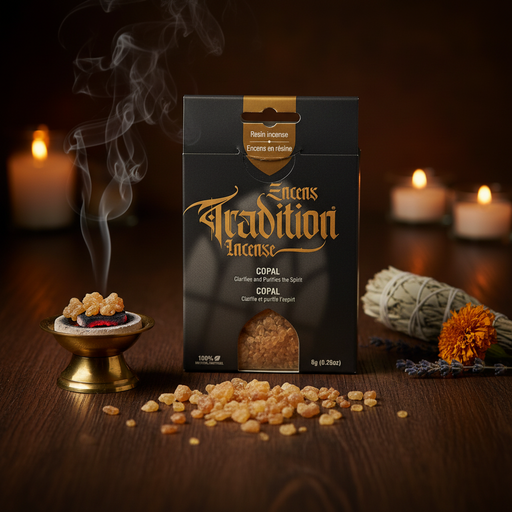 A black package of Tradition Incense Copal is displayed on a wooden surface with burning incense, a smudge bundle, and scattered copal beads. The background features warm, out-of-focus lit candles.