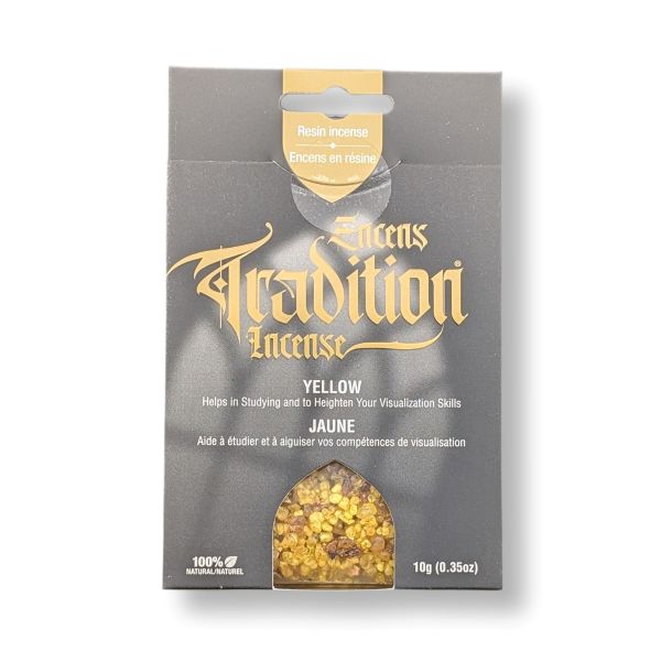 A package of Resin Traditional  Yellow incense, featuring a dark gray card with elegant gold lettering and a clear window at the bottom showing the yellow incense granules inside.