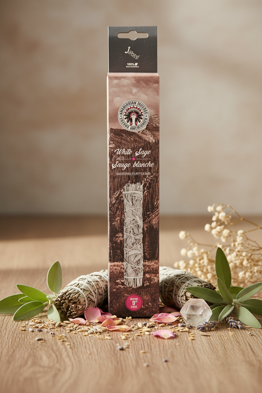 A packaged incense stick set stands upright on a wooden surface with dried flowers, green leaves, and small petals arranged around it. The box is labeled 'White Sage' and shows a sage-colored incense stick illustration.