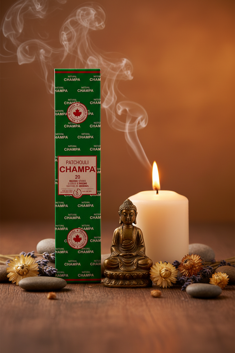  Champa incense stick box with a lit candle and Buddha statue on a wooden surface.