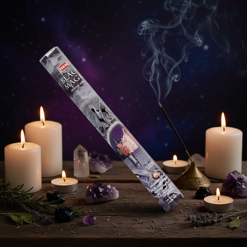 Incense stick with packaging labeled 'Black Magic' on a mystical table setting with candles and crystals.