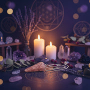 Strawberry Quartz pendulum in a spiritual setting surrounded by crystals, candles, and herbs