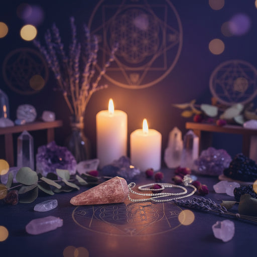 Strawberry Quartz pendulum in a spiritual setting surrounded by crystals, candles, and herbs