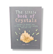 Book titled 'The Little Book of Crystals' with a crystal illustration on a gray background