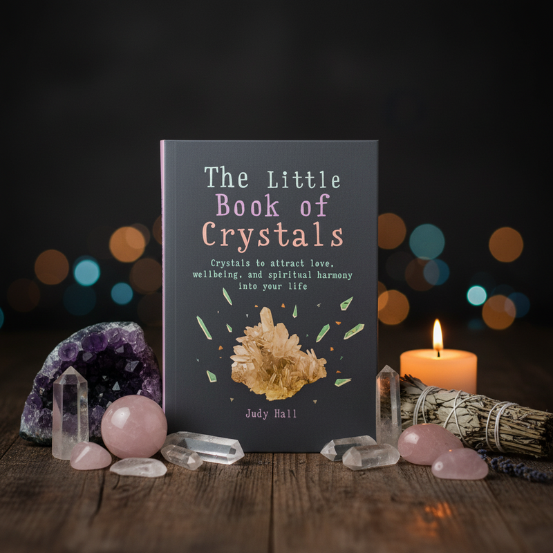 Book titled 'The Little Book of Crystals' surrounded by crystals and a candle on a wooden surface with blurred lights in the background.