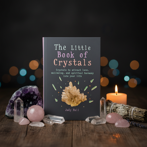 Book titled 'The Little Book of Crystals' surrounded by crystals and a candle on a wooden surface with blurred lights in the background.