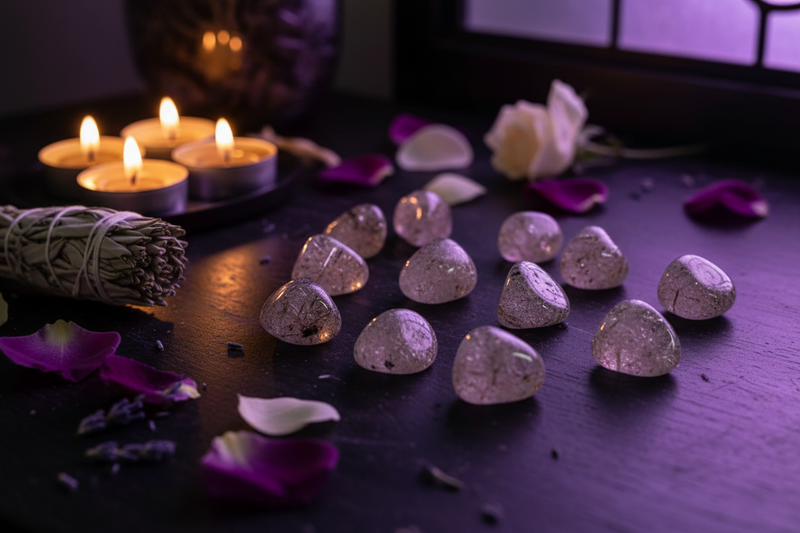 A set Witches Finger Quartz crystals arranged on a dark wooden surface, styled with purple rose petals, a bundle of dried lavender, and burning tea light candles in the background.