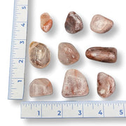 Hematoid Quartz tumbled  with a ruler for scale on a white background
