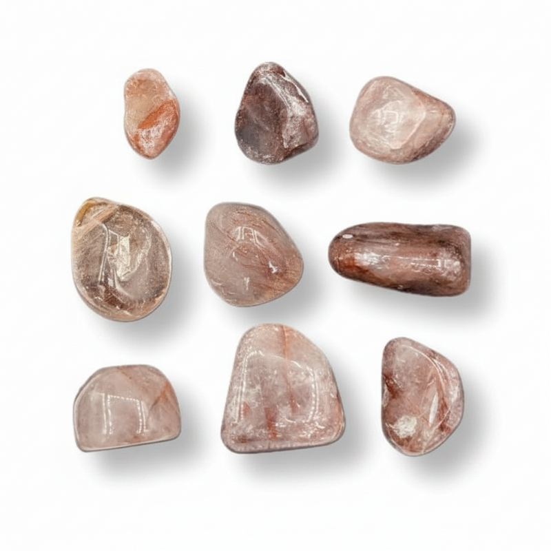 Hematoid quartz tumbled on a white background