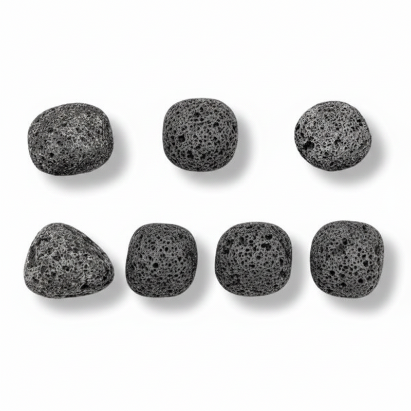 Set of eight black volcanic stones on a white background