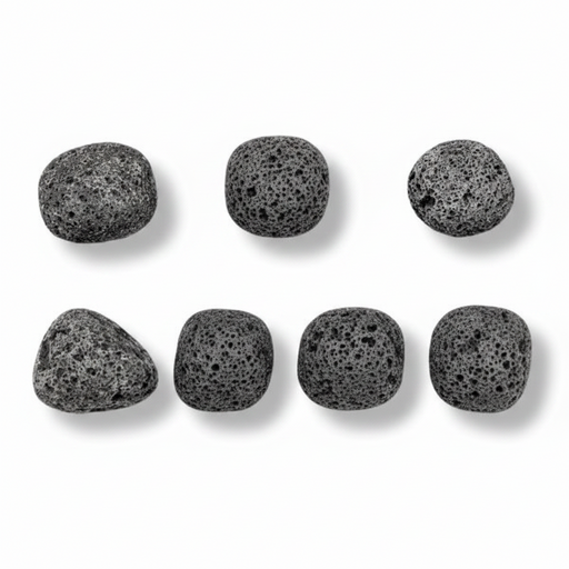 Set of eight black volcanic stones on a white background