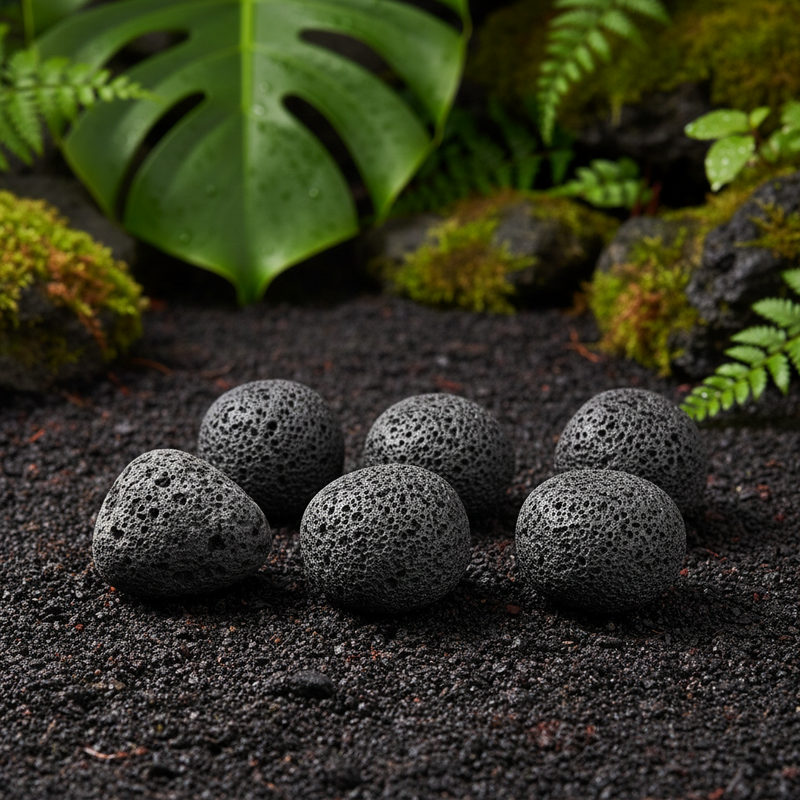 Lava rocks on a dark surface with green foliage in the background