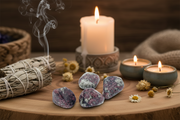 Candle, smudge sticks, and stones on a wooden surface with a warm background