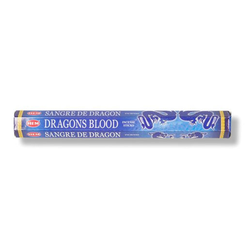 A single box of incense sticks labeled 'Sangre de Dragon' and 'Dragons Blood' by the brand Hem, wrapped in blue and white paper with a dragon graphic, shown on a plain white background.
