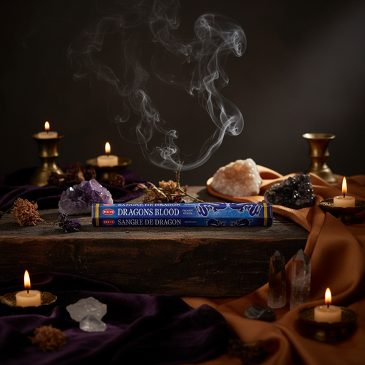 A box of Wajra Magic Incense labeled 'Dragons Blood' sits on a dark wooden table surrounded by lit candles, crystals, and draped purple and brown fabric, with smoke rising above.