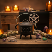 Black cauldron on a wooden table with candles, lavender, and crystals in a mystical setting.