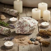 Decorative setting with candles, stones, and herbs on a wooden surface