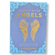 Book titled 'A Little Bit of Angels' with gold angel wings on a blue background